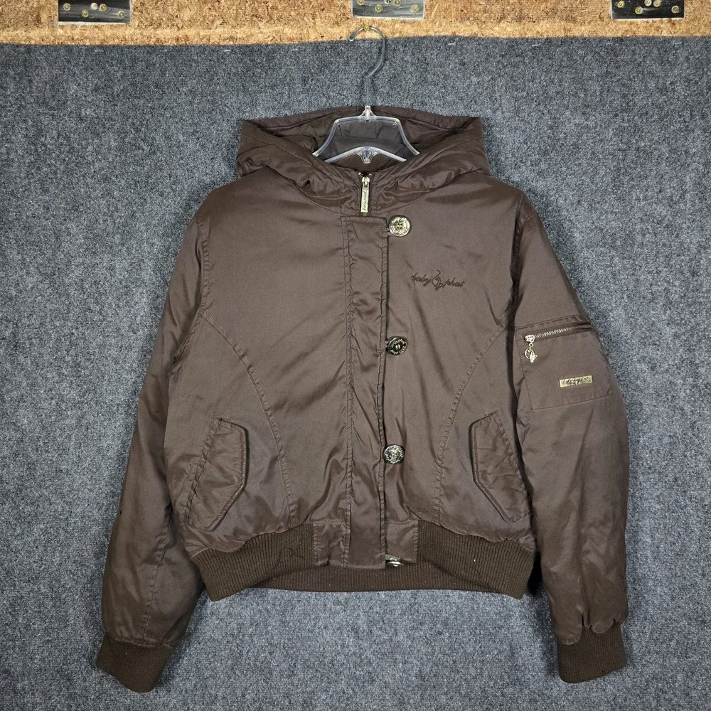 Vintage Y2K Baby Phat Jacket Women's XL Bomber Puffer Brown Hooded Cat Logo Down